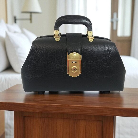 Vintage Black Leather Doctor Physician Medical Bag Satchel - Picture 1 of 13